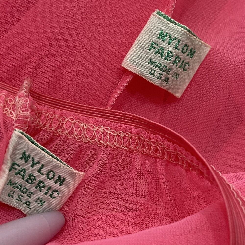Vintage 50s Bubblegum Pink Nylon Chiffon Pearl Trim Babydoll Nightie Set Size M - Picture 16 of 16